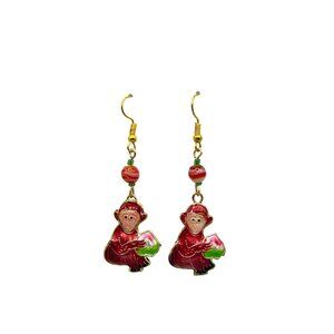 Vintage Enamel Monkey Dangle Earrings Double Sided with Bead Accents